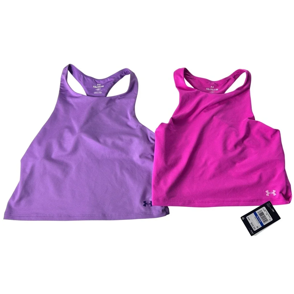 Under‎ Armour Girls YXL Motion Crop Tank Top 2-Pack Purple Pink High Neck NEW